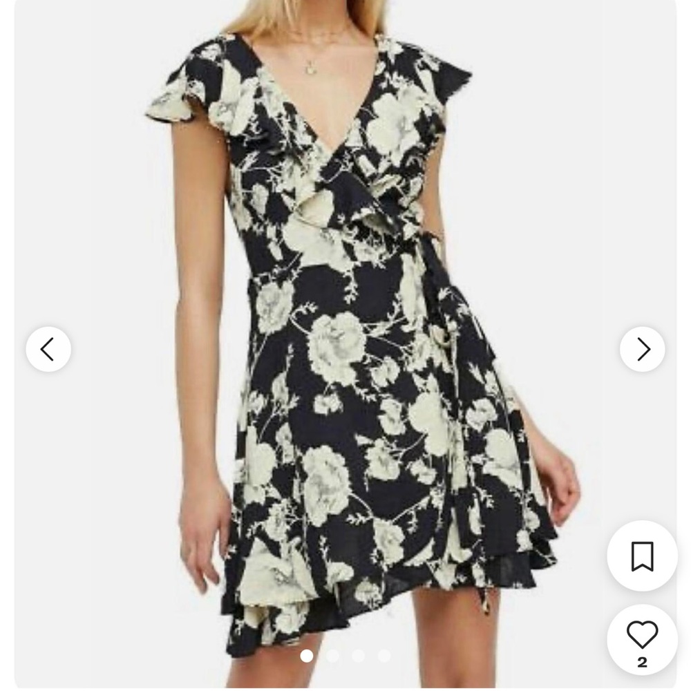 Free People Cream Black Floral Wrap Around Dress Size Small